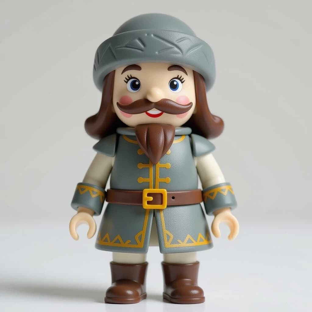[Ivanushka the Fool - LEGO-style collectible minifigure, studio lighting,
product photography, white background, 3D rendering quality] + [matte plastic texture, injection-molded ABS plastic appearance, visible molding lines, signature LEGO seam lines on the arms and legs, subtle highlights on curved surfaces, vibrant primary colors, LEGO palette: gray, white] + [Proportions: 12mm cylindrical head, trapezoidal torso with power grip, C-shaped hands with 3.18mm grip holes,
rectangular legs with articulated hips] + [Caftan: long gray with patches.
Headwear: old gray felt hat. Footwear: bark sandals.
Accessories: gray old mittens.
[Camera: 85mm lens, f/8, isometric angle 15° above horizon.
Lighting: Softbox setup, minimal shadows, rim light for crisp plastic.
Rendering: Subsurface Scattering 0.1, Plastic Shader with soft reflections.
Background: Pure white #FFFFFF, light shadow]
What is PROHIBITED: Using the trademarks "LEGO," "LEGO minifigure," or "Minifigure"
Copying brand designs (specific CMF prints)
Using the LEGO logo
What you can do: Describe the style: "plastic construction set"
Specify the characteristics: "interlocking" aesthetic of a brick system
General terms: "building block figure," "minifigure construction set." Protected Statement: Original character design inspired by the aesthetics of building blocks, excluding trademarked elements, the general style of the interlocking brick system, fan art dedicated to the culture of plastic building.
PROHIBITED: Use of the trademarks "LEGO," "LEGO minifigure," or "Minifigure"
Copying brand designs (specific CMF prints)
Using the LEGO logo
What is allowed: Describe the style: "plastic building block style"
Specify characteristics: "interlocking brick aesthetic"
Use generic terms: "building block figure," "building block minifigure"
Protected Statement:
Original character design inspired by the aesthetics of building blocks,
excluding trademarked elements, the general style of the interlocking brick system,
fan art dedicated to the culture of plastic building.
