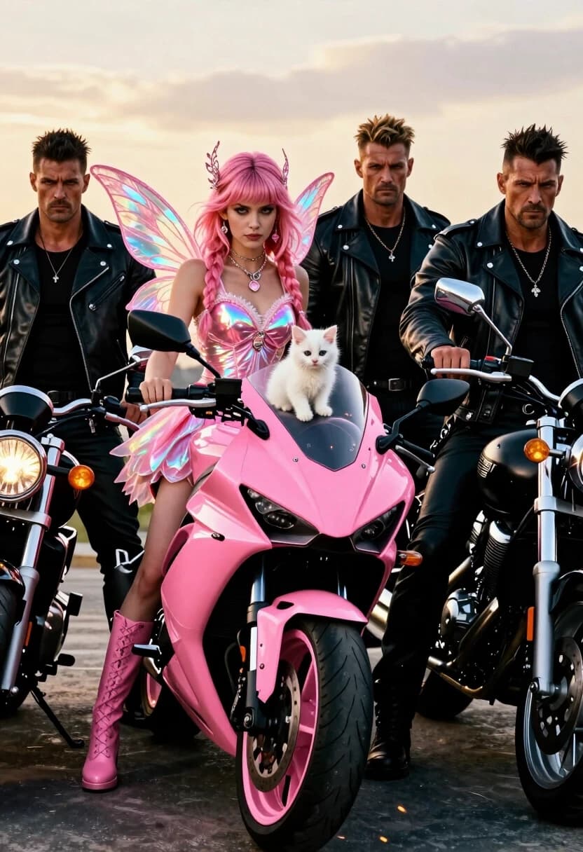A hyper-realistic 8k cinematic medium shot. Four massive motorcycles are parked in a menacing row, facing the camera. The bikers are grim, muscular men in heavy black leather, their look is a classic symbol of rebellion. Breaking this dark monotony, the second rider from the left is a stunning rebel girl on a colossal, polished neon-pink motorcycle. She is dressed in an opulent, iridescent pink fairy costume with shimmering wings, a bold statement of defiance against the gang's own leather aesthetics. A tiny, fluffy white kitten sits on the pink saddle, looking utterly serene. She looks directly into the lens with a piercing, knowing smirk, embodying a "rebel among rebels." Lighting: high-contrast golden hour, with brilliant sparks of light on the chrome and pink paint. Shot on Sony A7R IV, 35mm, capturing the visceral clash between the rough black leather and the shimmering fairy fabric. Volumetric depth, bold visual irony, masterpiece of character storytelling.