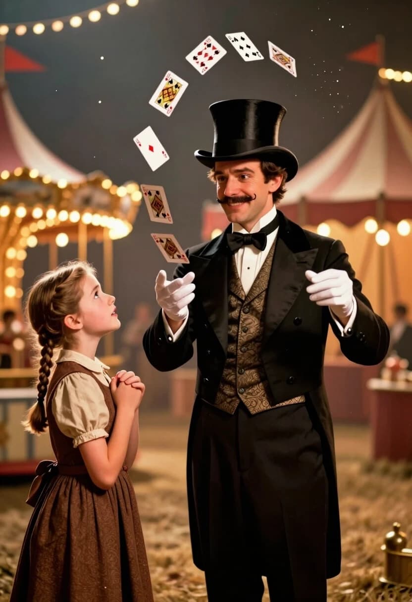 Create a cinematic, photorealistic 3D illustration in the style of a frame from an Oscar‑winning historical film. In the center is a charming illusionist in a classic black tailcoat, a patterned waistcoat, a white shirt, and a bow tie; he’s wearing a tall top hat, has a warm smile on his face, and his gaze is directed at a girl. In his hands, he’s performing an elegant trick with playing cards: some of the cards are suspended in the air, forming a dynamic arc.

On the left — a little girl of about six, with a neat braid, wearing a modest brown dress with a beige shirt; her pose is tense and admiring, her hands clutched to her chest, her gaze fixed upward at the magician.

The background is an atmospheric evening carnival: the blurred warm lights of the garlands create a bokeh effect, you can make out the outlines of circus tents and carousels, and there’s a light haze and glitter in the air. The lighting is soft and warm, with golden highlights on the illusionist’s face and costume; delicate shadows emphasize the volume of the figures.

Detail every button, the texture of the fabric of the dress and tailcoat, individual hairs in the mustache, the edges and suit of the cards, the microparticles in the haze. The palette is warm, with a predominance of golden‑brown, dark gray, and cream tones.