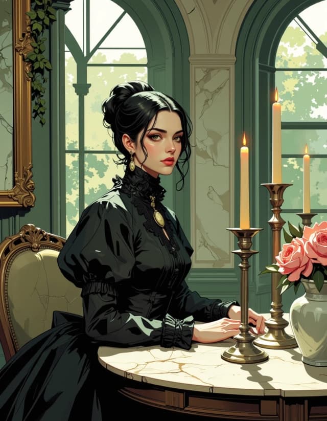 A masterpiece,  in the style of the 1980s, with bold lines, dynamic strokes and rich textures, on background with a touch of nostalgia, perhaps with subtle drawings inspired by cellulose and vintage, worn textures similar to paper,oil painting, Gothic Victorian portrait of a pale, melancholic woman seated in a decayed glass conservatory, wearing a high-collared black lace gown with puffed sleeves and a vintage cameo brooch, dark tousled hair pinned loosely, subtle smudged makeup and a distant, stoic expression; ornate, peeling gilt mirrors and cracked plaster walls surround her, tall arched windows with grime and climbing ivy let in soft volumetric rays of muted daylight; antique marble tables hold tarnished silver candlesticks, half-melted candles, porcelain vases and dusty, faded roses and peonies; palette of desaturated sepia, moss green and dusty rose with warm highlights and cool shadows; cinematic, ultra-detailed textures, painterly realism, shallow depth of field, soft film grain, dramatic rim lighting, symmetrical composition, high resolution, moody atmosphere. celshading, simple background