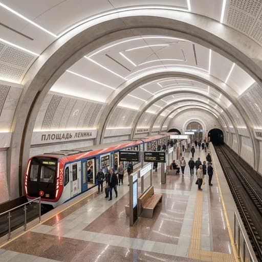 Сделай красивый и Современный проект для станции метро площадь Ленина в Бийске, которая должна быть с широкой островной платформой и односводчатой, а на одном из путей стоит поезд "81-765 "Москва"