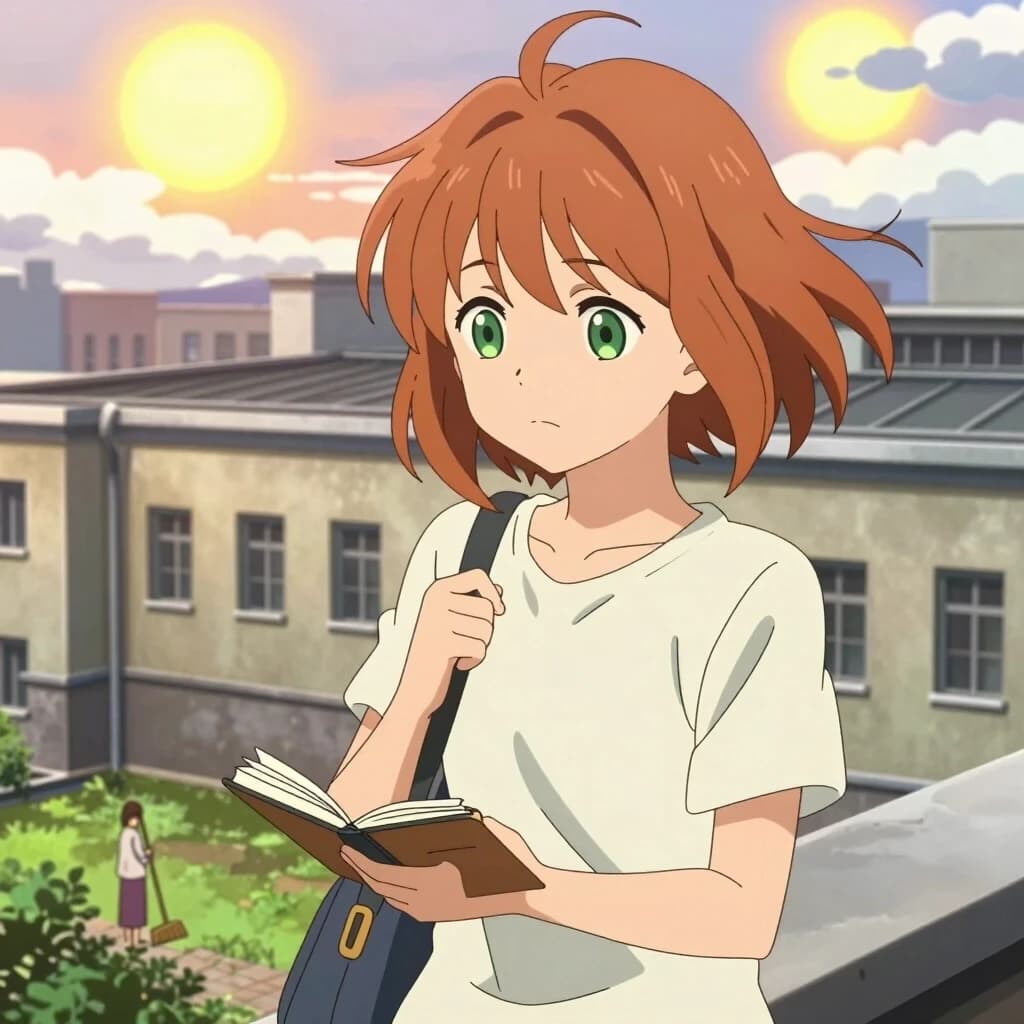 Anime-style portrait, medium close-up, modern Japanese animation style. A young girl with short, slightly tousled chestnut hair and calm green eyes. She’s in a hurry but not panicked: one hand holds the strap of a small bag, the other scribbles something in a tiny notebook.«аниме-стиль, Лиэде сидит на краю крыши сталинки, два солнца на фоне, облака плывут, ветер играет с её волосами, внизу — зелёный двор и женщина с метлой, мягкий тёплый свет, атмосфера уюта и спокойствия». И под каждую такую картинку — пара строк из дневника.(удалить лишнию руку)