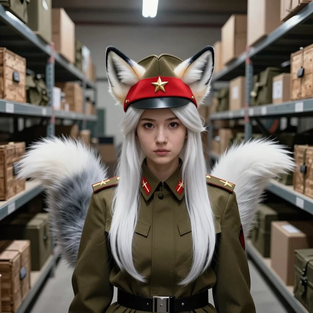 (A wide angle medium shot:1.2) of a beautiful Kumiho girl wearing a strict ((authentic Soviet military peaked cap, high officer furazhka with a wide flat circular top, stiff red band, and a central golden star badge:1.5)). She has long white hair and matching monochrome white and silver fox ears. Behind her is one single large fluffy white and platinum-grey fox tail. She is wearing an olive-drab Soviet uniform jacket, with two small stars strictly on shoulder boards only. Background is a highly detailed, cluttered military supply warehouse filled with rows of wooden crates, metal shelves, cardboard boxes, sharp focus on environment.