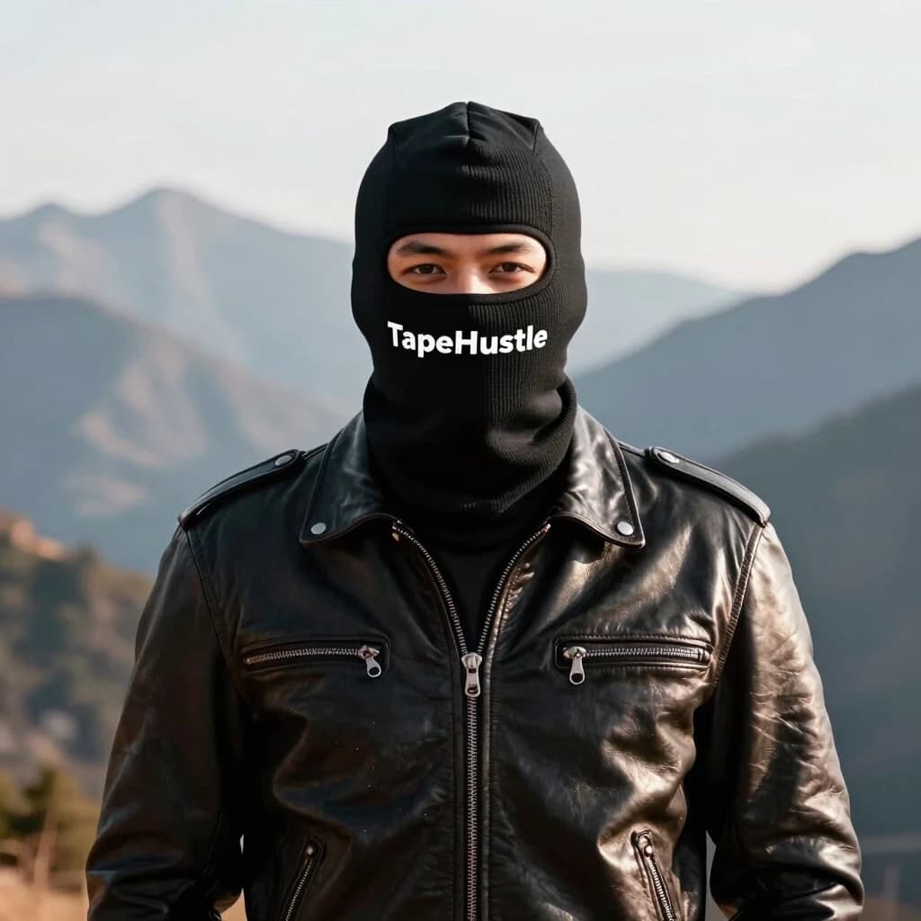 Создай человека в кожаной куртке в черной балаклаве  надпись TapeHustle где то в горах по