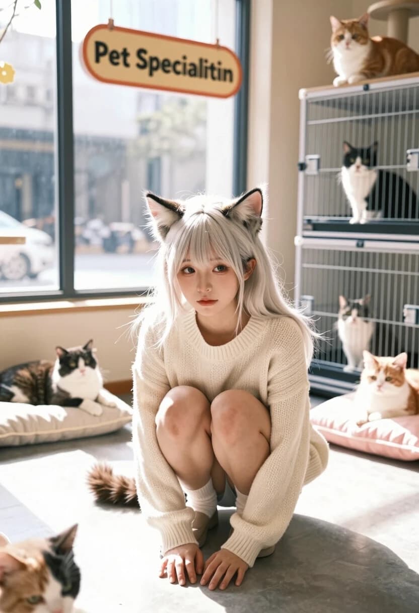 A photorealistic interior of an unusual pet store. In the center is a girl in the guise of a catgirl: platinum hair, delicate cat ears, a soft gaze. She is crouching, with her hands on the floor, like a curious kitten. Around her, there is natural daylight from a large window. In the background, there are cages with catgirls and simply catgirls lounging on pillows. “Catgirl” is presented not as an animal, but as a cosplayer in a staged humorous scene: above her is a playful sign that reads “Pet Special Edition.” Small details: the texture of the knitted sweater, individual hairs, soft fur on the ears, realistic skin. 8K, cinematic lighting, depth of field, ultra‑detailed textures, natural colors.