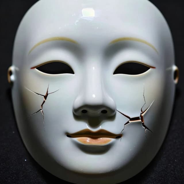 Digital art. Close-up of a person's face. They wear a beautiful, perfect porcelain mask with a smile. But deep cracks run across the mask, light breaking through — the real feelings that can no longer be contained. Behind the mask — a tired, exhausted face. Symbol of constant self-betrayal and its cost. Dramatic, psychological, detailed, 8k