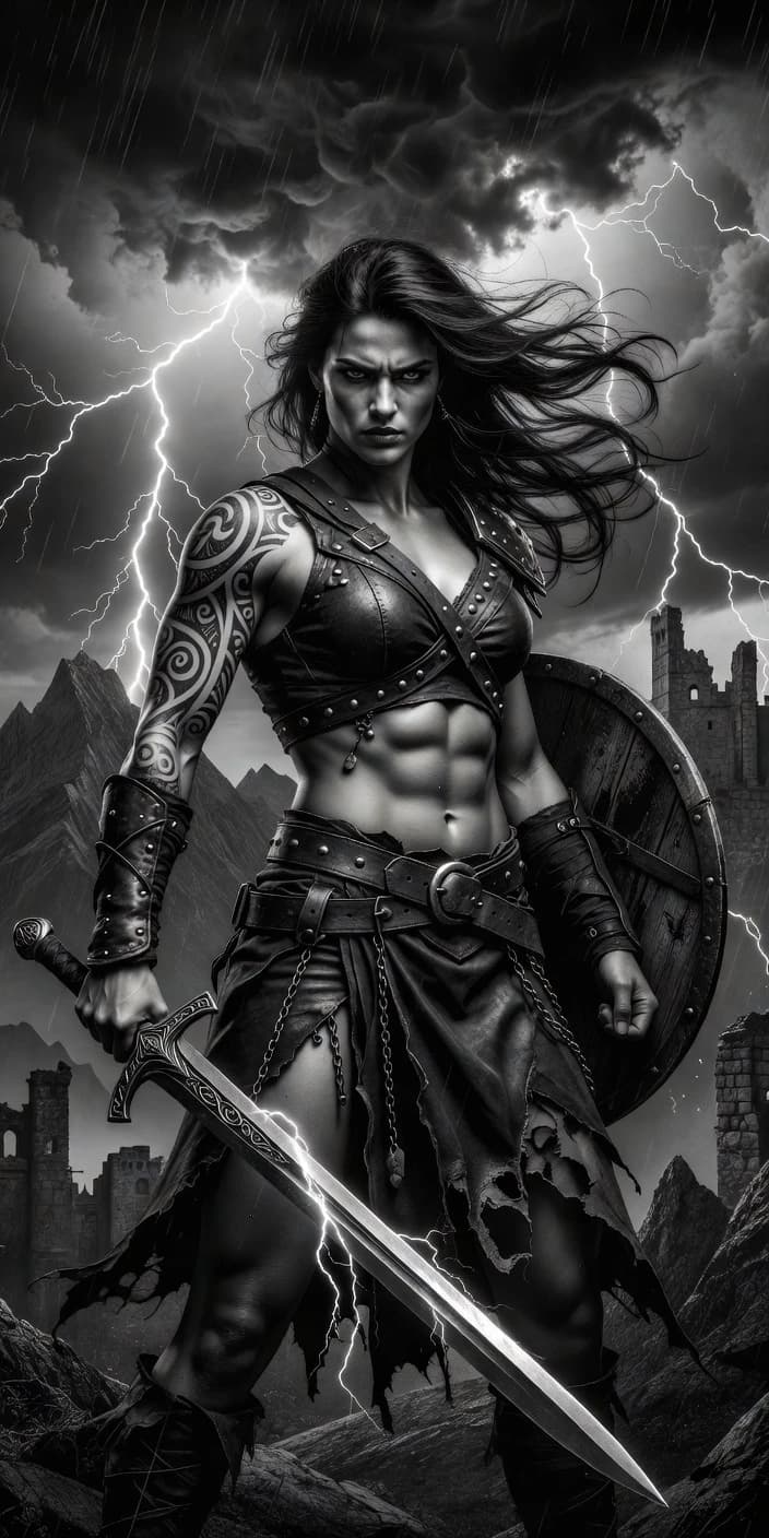 Black and white dramatic fantasy artwork, fierce female barbarian warrior, long flowing windblown hair, muscular athletic physique, defined abs, tribal swirl tattoos on left arm and shoulder, leather armor top with straps and metal studs, leather bracers, torn leather skirt with chains and belt buckle, holding ornate longsword, round wooden shield on back, confident stern expression, epic stormy sky with lightning bolt, rain, mountains and castle ruins in background, cinematic dramatic lighting, high contrast, detailed rendering, fantasy concept art, dark moody atmosphere, powerful heroic pose, monochrome, 8k, highly detailed
