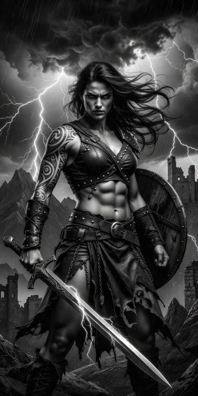 Black and white dramatic fantasy artwork, fierce female barbarian warrior, long flowing windblown hair, muscular athletic physique, defined abs, tribal swirl tattoos on left arm and shoulder, leather armor top with straps and metal studs, leather bracers, torn leather skirt with chains and belt buckle, holding ornate longsword, round wooden shield on back, confident stern expression, epic stormy sky with lightning bolt, rain, mountains and castle ruins in background, cinematic dramatic lighting, high contrast, detailed rendering, fantasy concept art, dark moody atmosphere, powerful heroic pose, monochrome, 8k, highly detailed