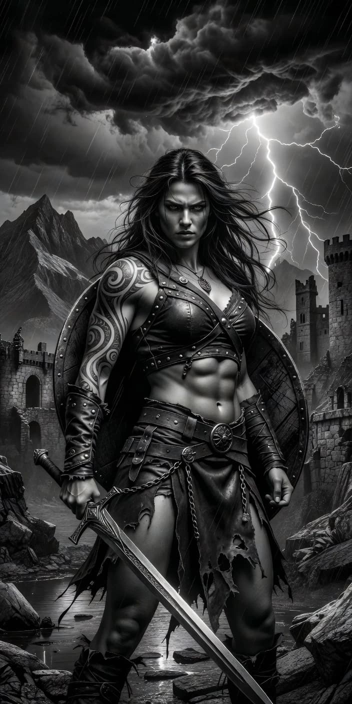 Black and white dramatic fantasy artwork, fierce female barbarian warrior, long flowing windblown hair, muscular athletic physique, defined abs, tribal swirl tattoos on left arm and shoulder, leather armor top with straps and metal studs, leather bracers, torn leather skirt with chains and belt buckle, holding ornate longsword, round wooden shield on back, confident stern expression, epic stormy sky with lightning bolt, rain, mountains and castle ruins in background, cinematic dramatic lighting, high contrast, detailed rendering, fantasy concept art, dark moody atmosphere, powerful heroic pose, monochrome, 8k, highly detailed