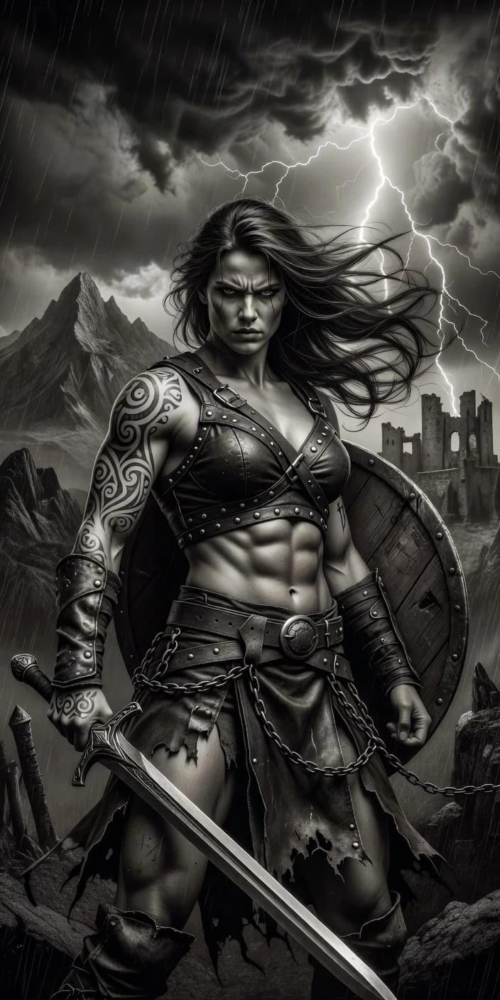 Black and white dramatic fantasy artwork, fierce female barbarian warrior, long flowing windblown hair, muscular athletic physique, defined abs, tribal swirl tattoos on left arm and shoulder, leather armor top with straps and metal studs, leather bracers, torn leather skirt with chains and belt buckle, holding ornate longsword, round wooden shield on back, confident stern expression, epic stormy sky with lightning bolt, rain, mountains and castle ruins in background, cinematic dramatic lighting, high contrast, detailed rendering, fantasy concept art, dark moody atmosphere, powerful heroic pose, monochrome, 8k, highly detailed