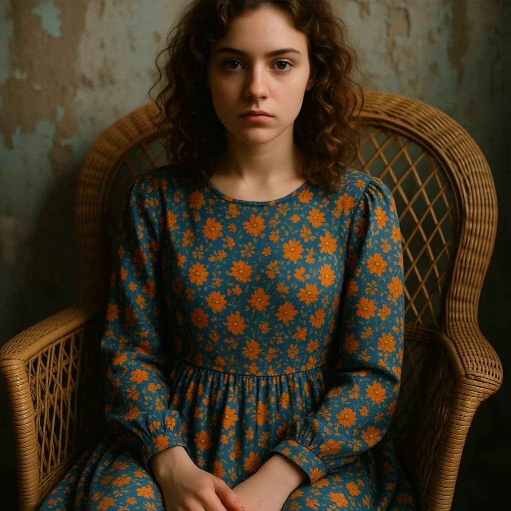 The image is a portrait of a young woman sitting in a wicker chair. She is wearing a long-sleeved dress with a floral pattern in shades of blue, orange, and yellow. Her hair is styled in loose curls and she is looking directly at the camera with a serious expression. The background is a rustic, weathered wall with peeling paint. The overall mood of the image is somber and contemplative.