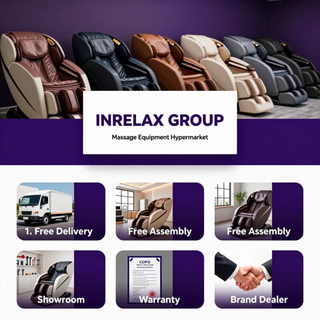 Wide website banner for a massage chair hypermarket. 
Background: dark showroom with rows of modern massage chairs, deep purple gradient #4d1b74, premium style, cinematic lighting, realistic photography, 16:9, high resolution.
Center: white rectangular logo block with bold text "INRELAX GROUP" on ONE SINGLE HORIZONTAL LINE in purple and white colors. 
Below it: a smaller white strip with text "Massage Equipment Hypermarket", the strip is NARROWER than the logo block above.
Bottom row: five rounded rectangular plates, each with a PHOTOGRAPHIC BACKGROUND IMAGE and a dark gradient shadow on the RIGHT SIDE. White text over the right shadow:
1. Delivery truck photo - "Free Delivery"
2. Tools and wrench photo - "Free Assembly"
3. Showroom interior photo - "Showroom"
4. Warranty certificate photo - "Warranty"
5. Business handshake photo - "Brand Dealer"
Each plate: photo fills the background, dark gradient from left to right, white bold text on the right side. Clean layout, professional design, ultra-sharp typography, no watermark.