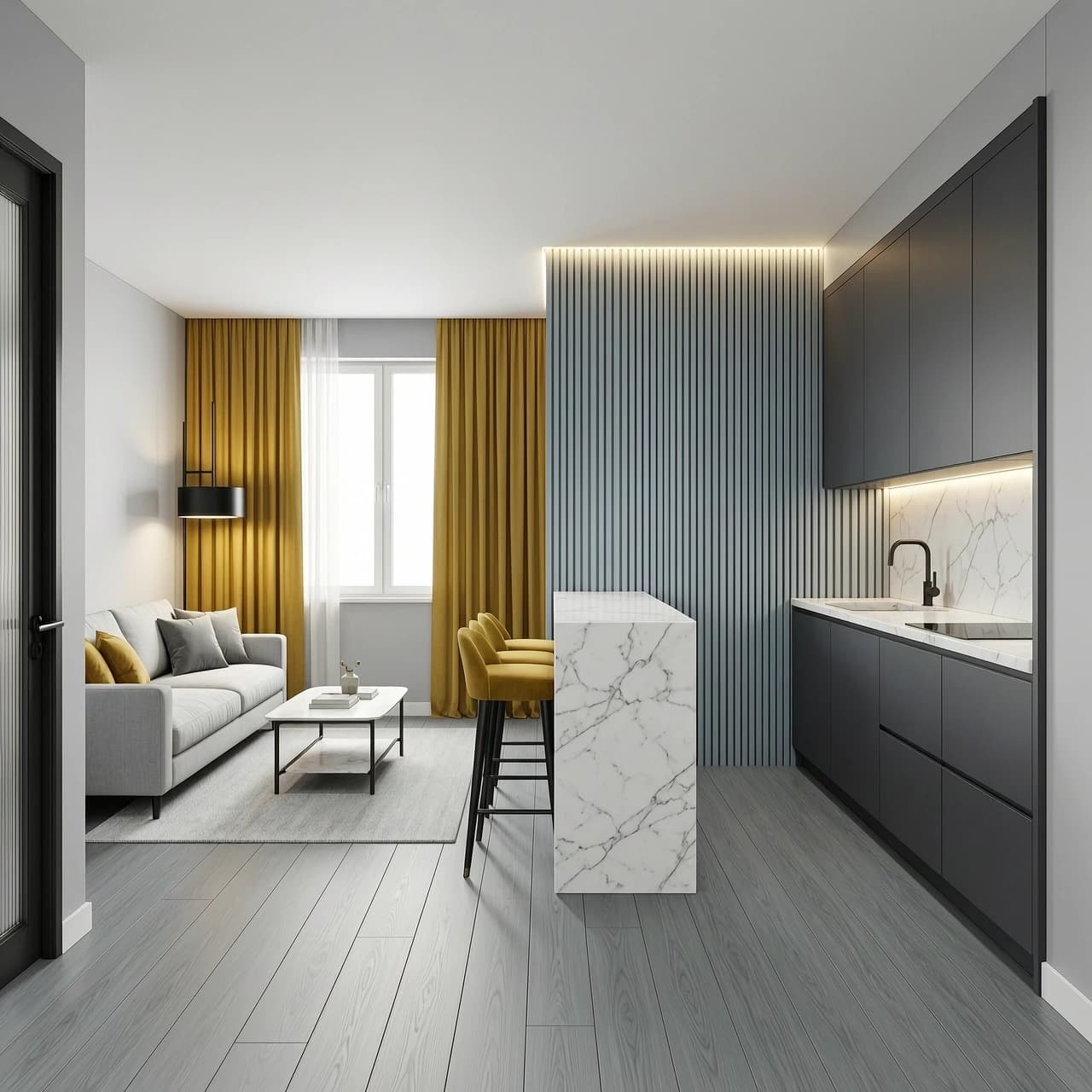 Interior design of a rectangular 18 sqm kitchen-living room, view from the entrance door. Room size 4.5m width x 4.0m depth, ceiling height 2.7m. Upon entering, on the left is a light grey fabric sofa against the wall, with a light grey rug and a coffee table. On the far wall is a large window with mustard yellow linen curtains filling the space with soft daylight. To the right of the entrance is a compact linear kitchen with matte graphite #474A52 cabinet fronts along the right wall, white marble countertop and backsplash. Between the kitchen and living area stands a white marble bar counter with two mustard yellow upholstered bar stools. Vertical decorative slats panels in #9DA1AA medium cold grey on the border between kitchen and living area, with LED strip lighting behind. Walls #D0D0D0 light silver-grey, floor #9DA1AA medium cold grey oak wood texture, cool grey, matte, minimal grain, white ceiling. Two mustard cushions and two grey cushions on the grey sofa. Black matte hardware, black floor lamp, warm 3000K lighting. Photorealistic, architectural visualization, soft daylight, clean lines, no clutter, 8k, ultra detailed --ar 16:9 --style raw