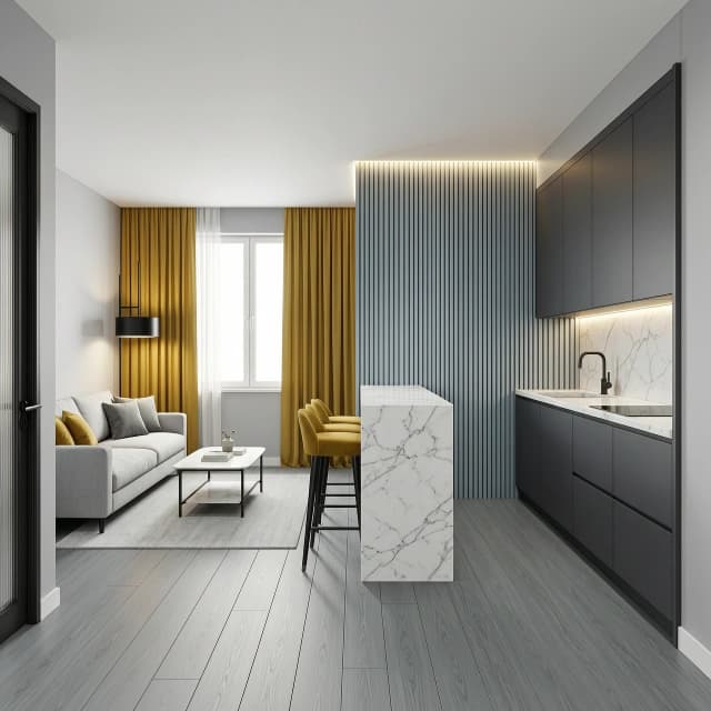 Interior design of a rectangular 18 sqm kitchen-living room, view from the entrance door. Room size 4.5m width x 4.0m depth, ceiling height 2.7m. Upon entering, on the left is a light grey fabric sofa against the wall, with a light grey rug and a coffee table. On the far wall is a large window with mustard yellow linen curtains filling the space with soft daylight. To the right of the entrance is a compact linear kitchen with matte graphite #474A52 cabinet fronts along the right wall, white marble countertop and backsplash. Between the kitchen and living area stands a white marble bar counter with two mustard yellow upholstered bar stools. Vertical decorative slats panels in #9DA1AA medium cold grey on the border between kitchen and living area, with LED strip lighting behind. Walls #D0D0D0 light silver-grey, floor #9DA1AA medium cold grey oak wood texture, cool grey, matte, minimal grain, white ceiling. Two mustard cushions and two grey cushions on the grey sofa. Black matte hardware, black floor lamp, warm 3000K lighting. Photorealistic, architectural visualization, soft daylight, clean lines, no clutter, 8k, ultra detailed --ar 16:9 --style raw