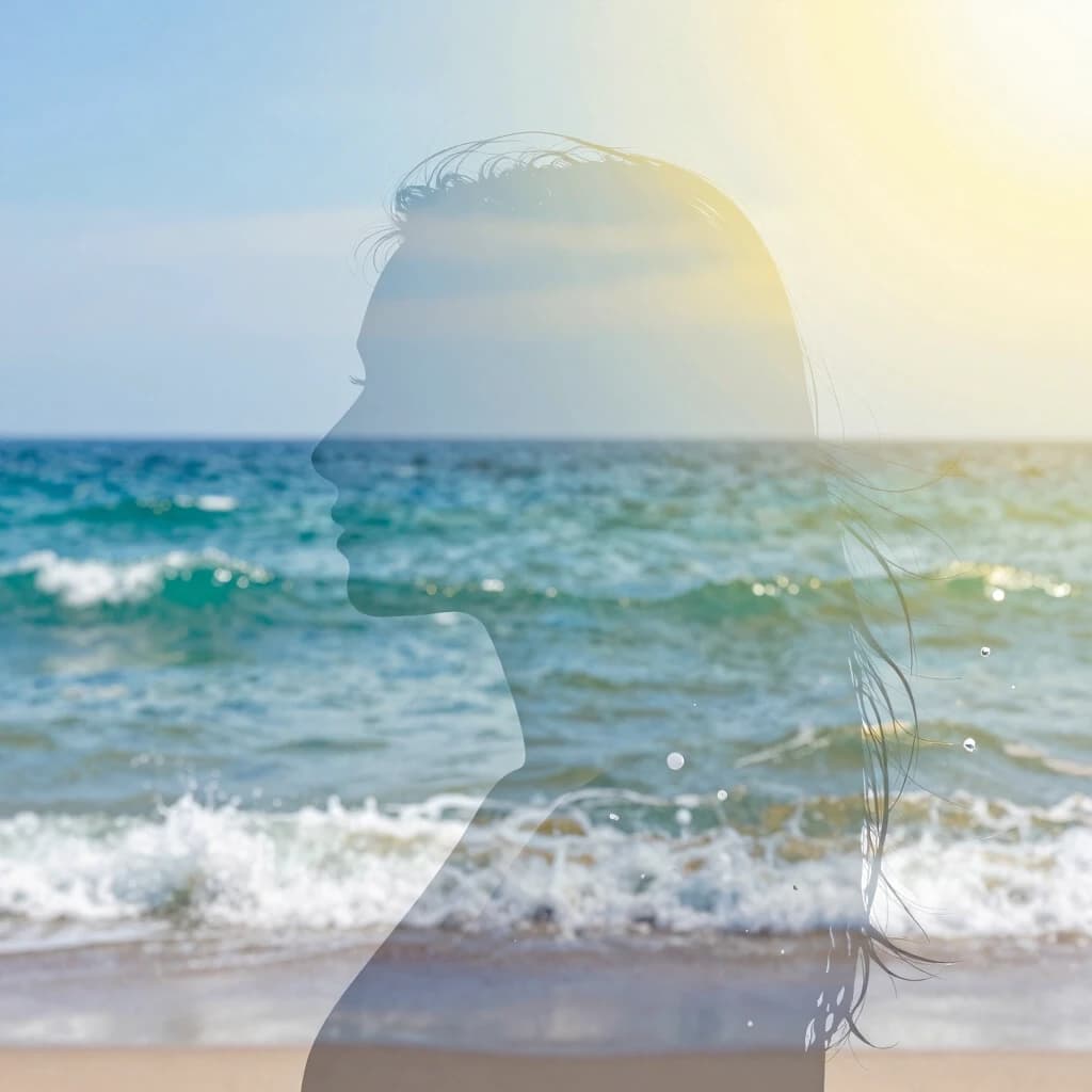 (Double exposure: 1,9). Abstract background (soft colors, marine theme). Seascape (waves, clear water, splashes) inside transparent silhouette of girl's profile. Dissolving colours. Dissolution of textures. Interpenetration of layers and textures. Stylistics: surrealism, realism. Based exclusively on cool colors + yellow sun rays