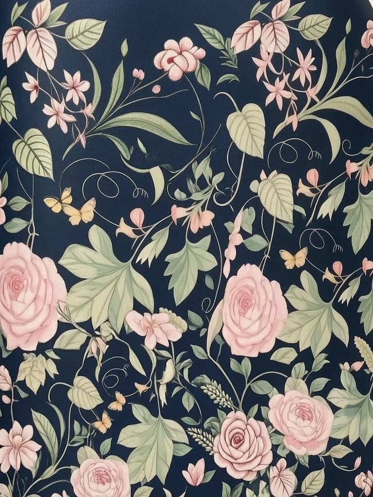 Изящный флористический паттерн на глубоком темно-синем фоне, представляющий собой плотный и гармоничный узор из крупных пышных роз пастельного нежно-розового цвета, изящных тонких полевых цветов и разнообразной зелени. В композиции центральное место занимают крупные, детально прорисованные как настоящие бутоны роз с мягкими лепестками, переплетающиеся с длинными, плавно изогнутыми стеблями и широкими листьями различных оттенков приглушенного пастельного зеленого и оливкового цвета. Среди растительных элементов среди ветвей парит маленькая детализированная бабочка с золотисто-желтыми крыльями. Рисунок выполнен в утонченном стиле классических ботанических иллюстраций или винтажных обоев в стиле ар-нуво, характеризующемся плавными, текучими линиями и органическими формами. Освещение мягкое и рассеянное, создающее эффект бархатистой текстуры и глубоких теней, что придает изображению винтажную эстетику и атмосферу спокойствия, элегантности и уюта. Палитра сдержанная и благородная пастельная, состоящая из сочетания темно-синего, пастельного кремово-розового, пастельного пыльно-зеленого и мягкого золотого цветов. сделать картинку большой, чтобы принт можно было испольщовать для оформления флаконов и коробок