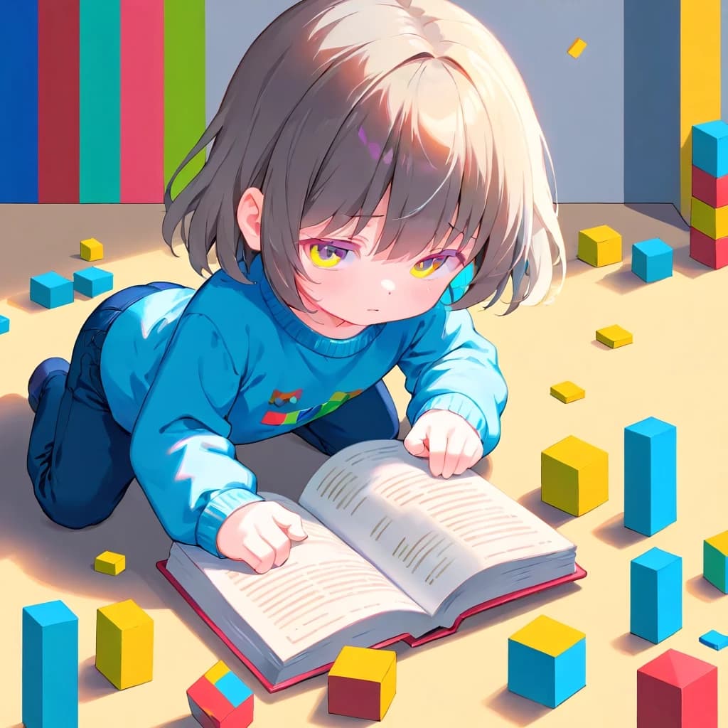 Ребёнок играет с кубиками, читает книгу или рисует (яркие цвета).