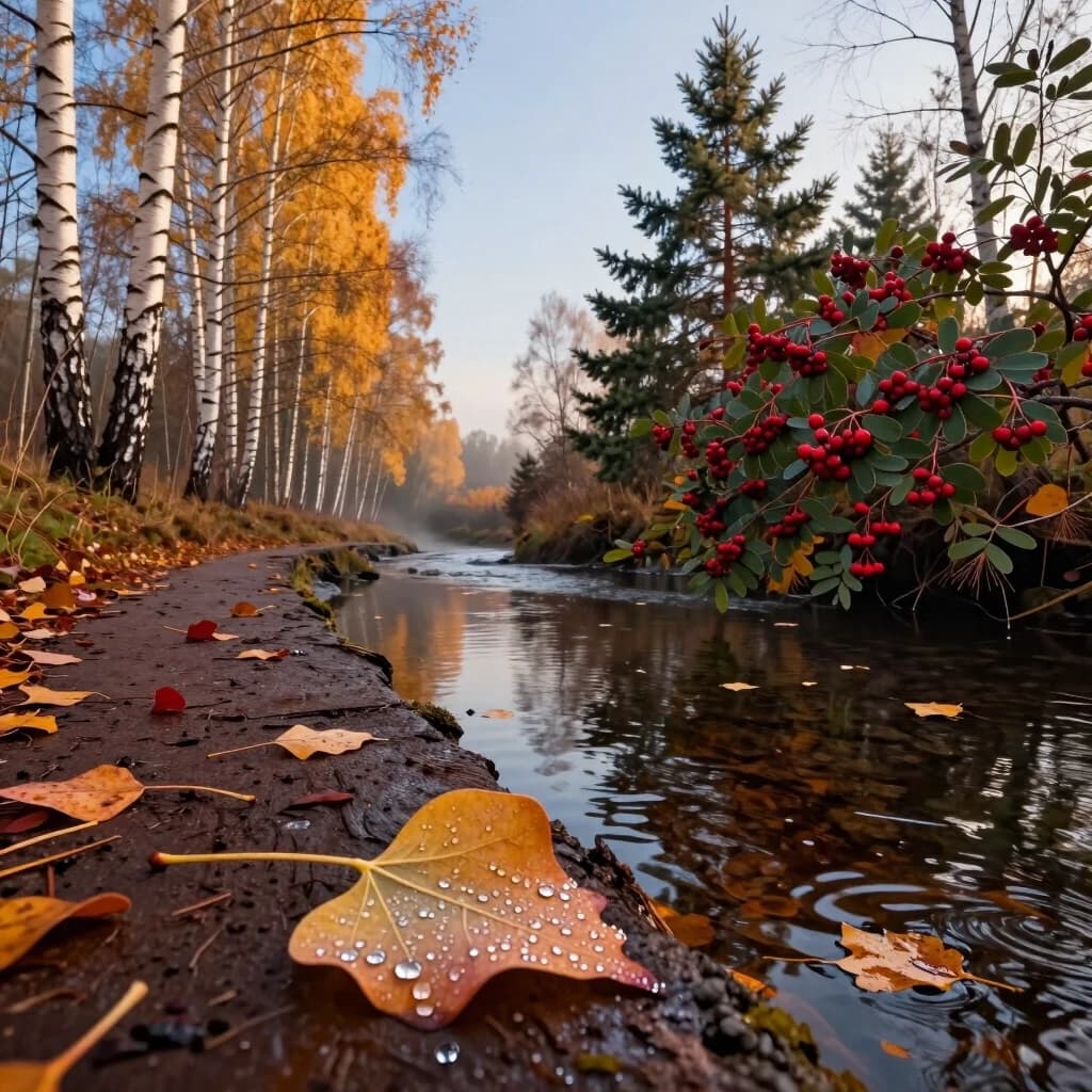 Minimalist photorealistic image of early autumn, eye‑level view by the bank of a small stream. In the foreground: a large aspen leaf on the damp ground near the water’s edge; leaf veins and dew droplets are rendered in fine detail. A little further — a narrow path along the bank, strewn with leaves. On both sides: birches, aspens, pines, and rowans: birches with white bark, aspens with golden foliage, pines with dense branches, rowans with scarlet berries. Early morning, the sun is already up: calm, warm light reflects in the water; the surface shows light ripples and floating leaves. The air is clean and fresh, no fog — only clarity and a sense of morning coolness. No people. Color palette: amber, ochre, muted burgundy, dark green, deep scarlet, soft blue for the sky and water. Rule of thirds composition, gentle rhythm of shoreline and branches. High detail: dew drops, bark texture, needles, water ripples. Professional shooting style, 8K, slight grain, natural lighting.