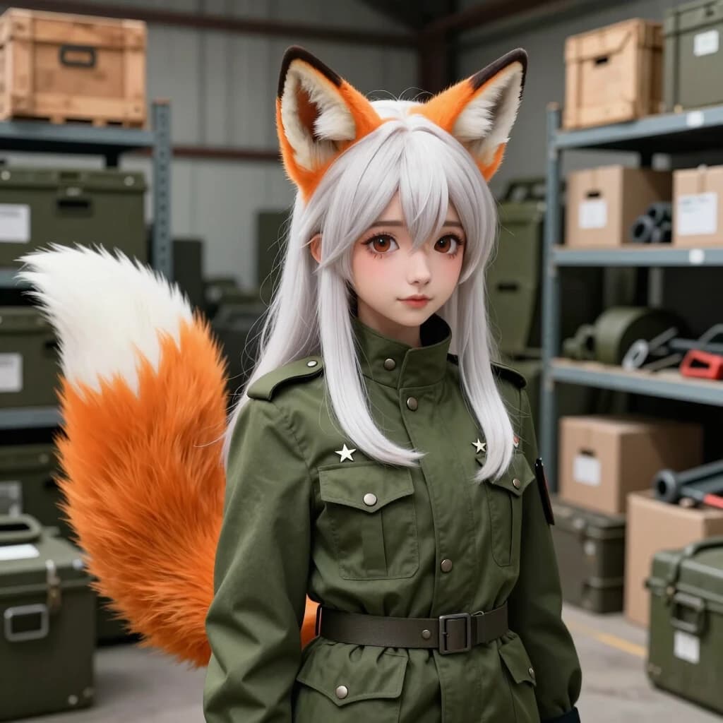 Anime style, a beautiful fox-girl with long white hair and a big fluffy fox tail, cute orange and white fox ears on her head. She is wearing a vintage retro-style olive-green military jacket with a high buttoned collar, clean shoulder boards with two small stars arranged vertically. Background: an old military supply warehouse, cluttered storage room filled with wooden crates, shelves, cardboard boxes, various tools and equipment. Highly detailed, clear focus, 8k resolution.
