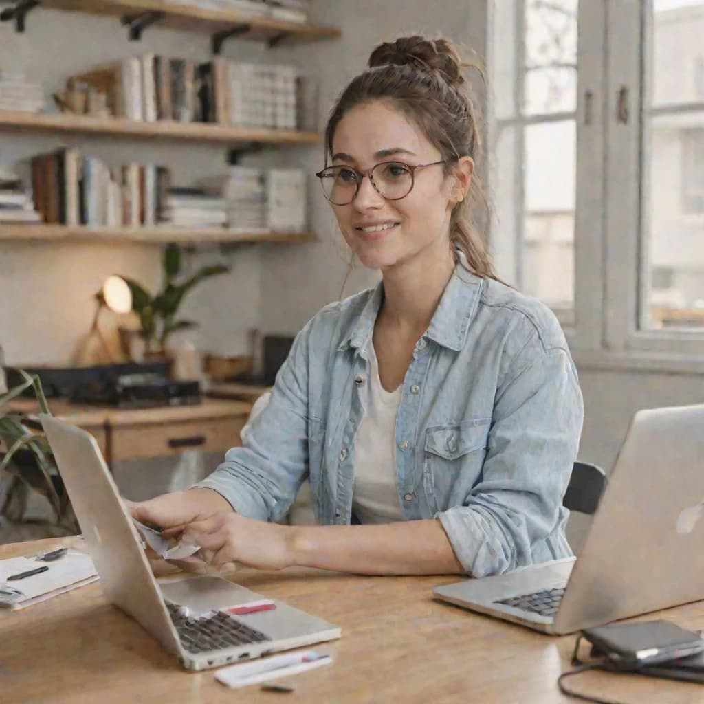 A busy woman in her early 30s multitasking — laptop open with work on screen, phone in hand, looking calm and organized despite the busy setup, coffee nearby, bright home office or kitchen table, slight relieved smile, casual clothes, natural light, candid UGC photo style, authentic, no filters, realistic