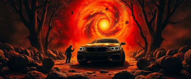 Frightening, Mingei, Dark, orange flakes, Hopeless, Galaxy, Painting, Qajar Art, Luminescent Mennonite BMW, Cutester Art, Chaos, Spiritual, anaglyph effect, opulent, Dark hue, Fuji superi400, highly detailed, epic composition, contemporary fine detail, fertile, surreal