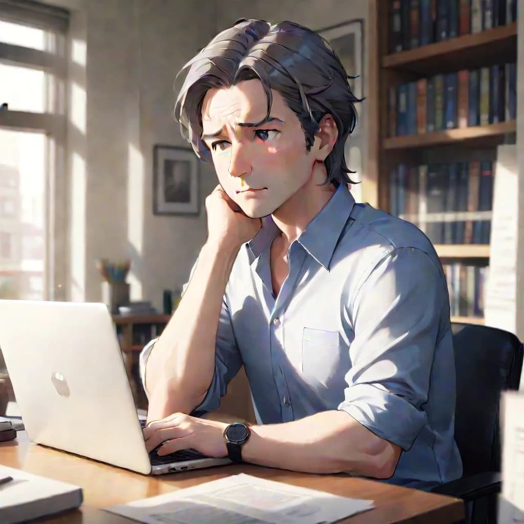 A confident man in his mid 40s sitting at a home office desk, laptop open, looking thoughtful and slightly amazed, as if he just learned something unexpected, salt and pepper hair, business casual shirt, bookshelves or diplomas visible in background, natural window light, UGC photo style, authentic, no filters, realistic