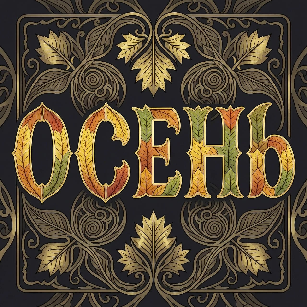 Digital image with double exposure and overlay of layers and textures. Vector graphics. The word "OCEHb" is made of gold, crimson and green skeletonized textured autumn leaves in various shades of yellow, orange, green and red. An unusual font made of autumn leaves. A very detailed and impressive font. Font and background contrast, fading, gradient. Background: a lot of dark with light ornaments. Delicate elements of the floral pattern. Gothic, decorative style, Art Nouveau. Abstract vector fractal pattern, Zentangle, Gothic, dark art. In the style of Alphonse Mucha, Gustav Klimt, Aubrey Beardsley and Roman Tirtov. High level of detail.