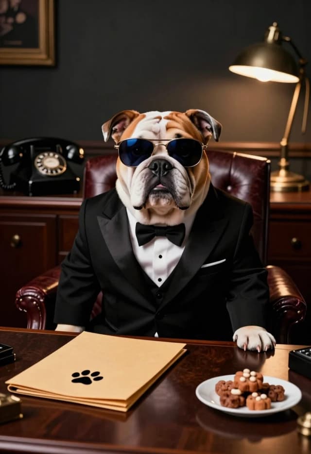 A whimsical and surreal hyper-realistic image of a sophisticated English Bulldog acting as a secret agent. The dog is sitting in a dimly lit, noir-style office, wearing a small, perfectly tailored black tuxedo and a tiny pair of dark sunglasses. On the mahogany desk in front of him lies a top-secret folder with a paw print stamp and a small plate of gourmet dog treats. In the background, a vintage rotary phone and a single desk lamp casting dramatic shadows. The dog has a serious, professional expression, looking like a mastermind of a canine conspiracy. 8k resolution, cinematic noir lighting, rich textures of leather and velvet, humorous and detailed.