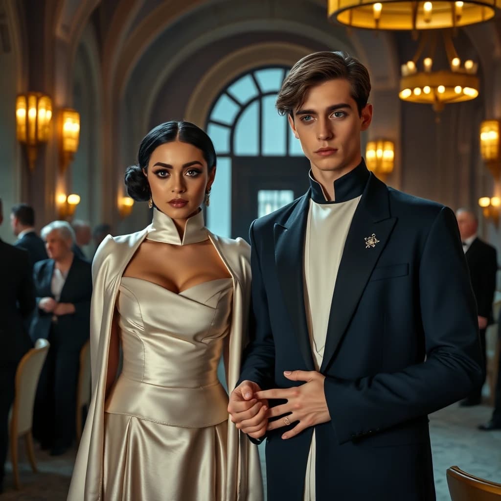 Cinematic film still, live-action movie shot. A handsome young 18-year-old green-eyed male and a beautiful young woman with short stylish purple hair, undercover as an aristocratic Alderaan married couple at a luxury gala on the planet Serenno. The man is wearing a formal midnight-blue structured aristocratic tunic with a high mandarin collar and subtle silver embroidery. The woman is wearing an elegant pearl-white high-collar silk evening gown with a flowing cape from her shoulders. They are holding hands, looking slightly embarrassed but trying to maintain noble posture. In the background, a luxurious futuristic ballroom with high arches, gothic sci-fi windows, and wealthy galactic politicians talking. Rich ambient lighting, photorealistic, shot on 35mm lens, high detailed.