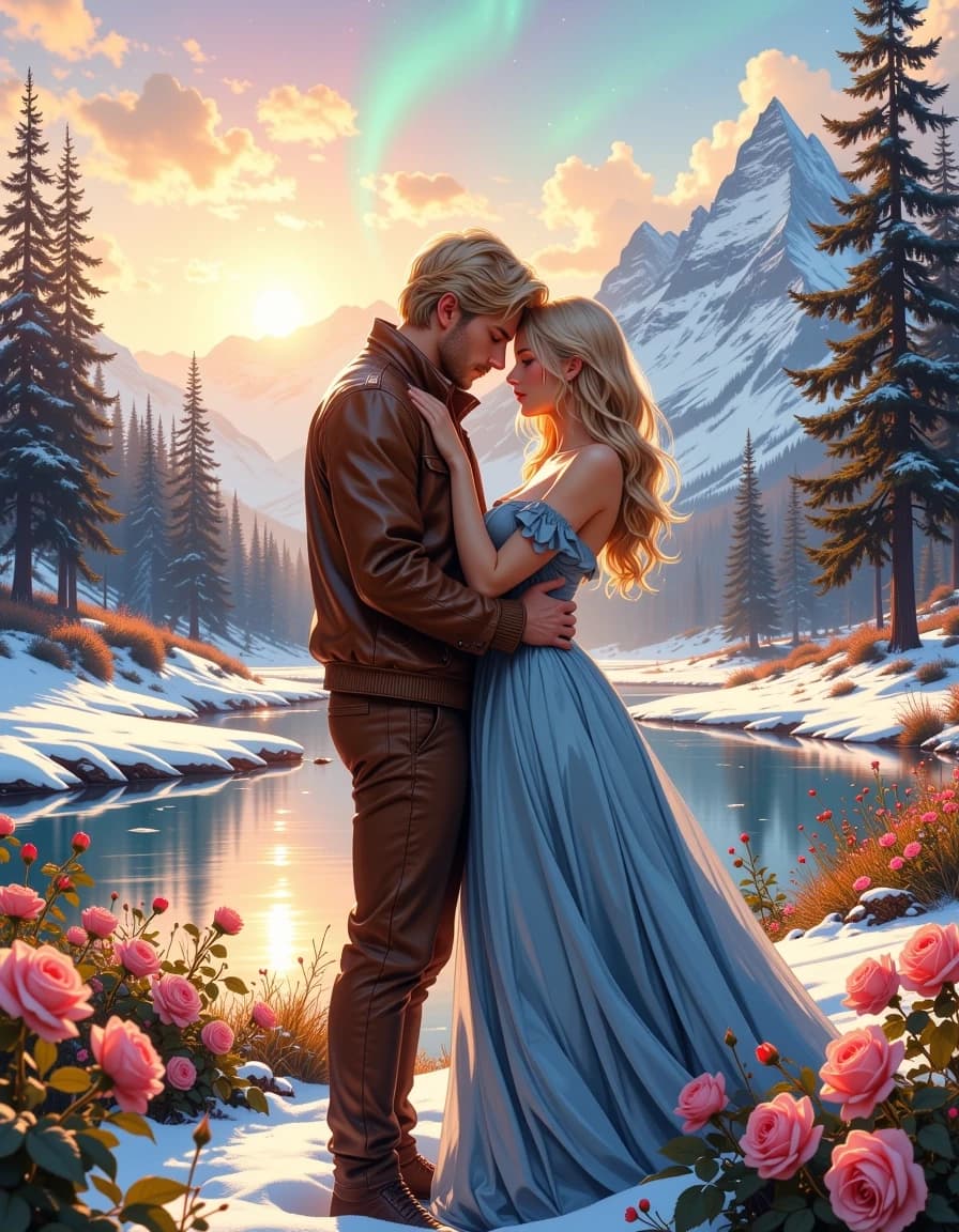 A masterpiece,  in the style of the 1980s, with bold lines, dynamic strokes and rich textures, on background with a touch of nostalgia, perhaps with subtle drawings inspired by cellulose and vintage, worn textures similar to paper, oil painting, A romantic fantasy scene of a young couple embracing in a snowy alpine valley at dusk, full-body vertical composition, the man tall with blonde hair and a fitted brown leather jacket and trousers, the blonde woman in a flowing antique blue gown with delicate stitching and soft pleats, their foreheads touching in a tender, protective embrace; surrounded by blooming roses and wildflowers dusted with snow along a reflective river, snow-capped pine mountains in the background, pastel aurora borealis and twinkling stars overhead, warm golden backlight and soft volumetric god rays illuminating their faces and hair. Hyperrealistic yet painterly, cinematic lighting, shallow depth of field with creamy bokeh, ultra-detailed skin textures, fabric weave, leather grain and floral petals, high dynamic range, 8k quality, soft film grain, romantic fairy-tale mood, intricate rim lighting, subtle lens flare, natural color palette with warm golds, cool blues and soft pinks, finely composed, symmetrical framing. hdr