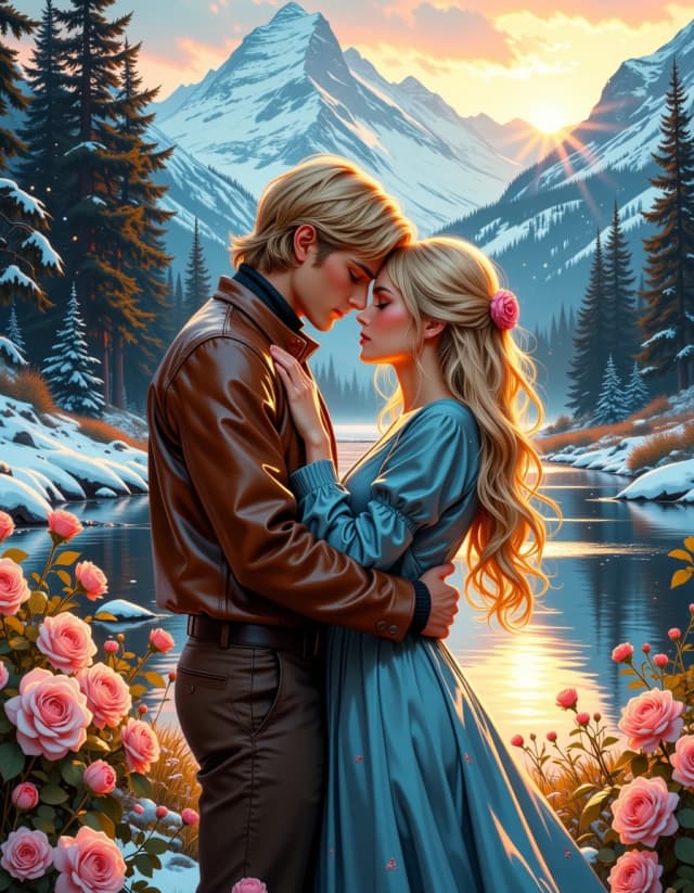 A masterpiece,  in the style of the 1980s, with bold lines, dynamic strokes and rich textures, on background with a touch of nostalgia, perhaps with subtle drawings inspired by cellulose and vintage, worn textures similar to paper, oil painting, A romantic fantasy scene of a young couple embracing in a snowy alpine valley at dusk, full-body vertical composition, the man tall with blonde hair and a fitted brown leather jacket and trousers, the blonde woman in a flowing antique blue gown with delicate stitching and soft pleats, their foreheads touching in a tender, protective embrace; surrounded by blooming roses and wildflowers dusted with snow along a reflective river, snow-capped pine mountains in the background, pastel aurora borealis and twinkling stars overhead, warm golden backlight and soft volumetric god rays illuminating their faces and hair. Hyperrealistic yet painterly, cinematic lighting, shallow depth of field with creamy bokeh, ultra-detailed skin textures, fabric weave, leather grain and floral petals, high dynamic range, 8k quality, soft film grain, romantic fairy-tale mood, intricate rim lighting, subtle lens flare, natural color palette with warm golds, cool blues and soft pinks, finely composed, symmetrical framing. hdr