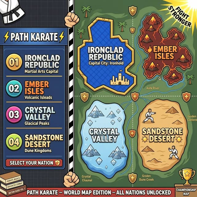 Create a map of 4 fictional countries for the Roblox game Path Karate, with the names on the left.