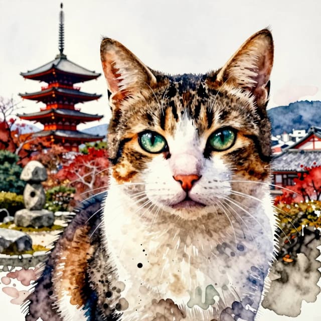 A masterpiece. The painting is done in watercolors. (Double exposure:1.8). (Portrait of a fabulously beautiful cat:1.8). In the background, there are views of Japan at that time: a pagoda, a garden of stones. The whole painting is united by an old autumn city landscape. High quality. High resolution. Increased attention to small details, clear contours. Intense close-up. Bold strokes, drips, spots. Watercolor style. Artist: Levitan, Sergey Andriaka.
