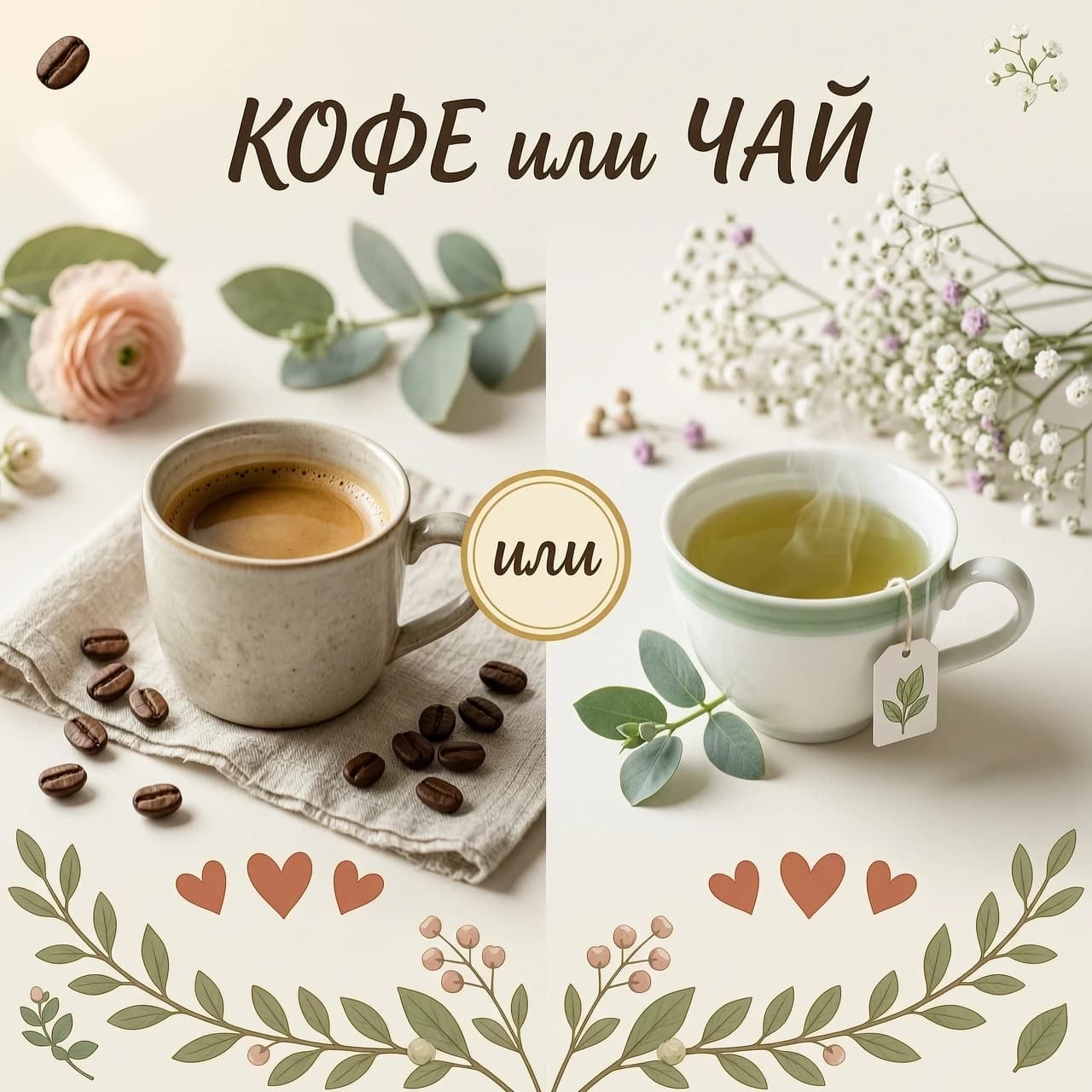 Фотореалистичная композиция «КОФЕ или ЧАЙ» в стиле hygge, пастельная палитра , в бежевых тонах, мягкий свет, 8K.

Кадр поделён пополам: слева — красивая кружка с кофе, кофейные зёрна, льняная ткань, на заднем плане размытый цветок с зелёными листьями; справа — чашка с зелёным чаем, чайный пакетик, веточка зелени, на заднем плане размытый цветок гипсофилы.

Текст: вверху курсивом — «КОФЕ или ЧАЙ»,  ниже - сердечки под кофе и чай, по центру — круг с надписью «или». Внизу — веточками.

Сбалансированная композиция, проработанные текстуры, уютная атмосфера.