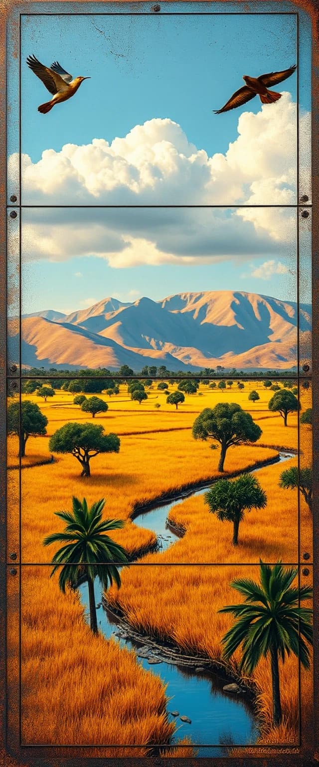 etched metal of a Rule of Thirds, landscape of a Tropical Zambia, Hopeful, Land Art, L USM, most beautiful artwork in the world, striking, professional creative, exquisite color, pure, highly detail, epic, magic atmosphere, intricate