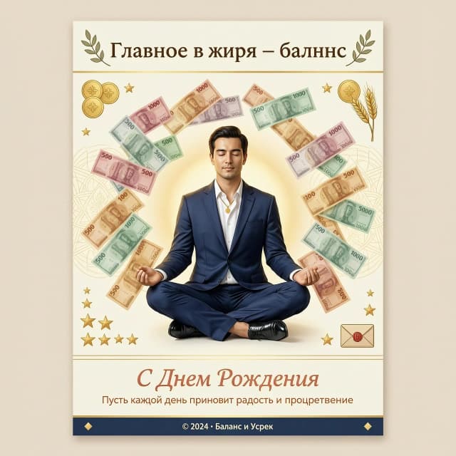На изображении представлен белый мужчина в офисном костюме, сидящий в классической позе лотоса. Эта поза символизирует спокойствие, гармонию и внутреннюю сосредоточенность. Вокруг медитирующего мужчины в воздухе парят денежные купюры различных номиналов. Купюры словно спускаются сверху, создавая ощущение потока благополучия и успеха.

Цветовая гамма:
Фон может быть выполнен в спокойных, нейтральных тонах — светло-бежевых или пастельных оттенках, чтобы не отвлекать внимание от главного элемента композиции. Сами купюры могут быть изображены в золотистых или серебристых тонах, подчёркивая их ценность и значимость.

Надпись:
Над изображением красивая надпись: «Главное в жизни — баланс». 
Под изображением «С Днем Рождения ».