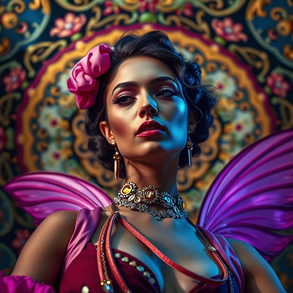 (Woman:1.3) Flamengo Dancer, Fairy-Tale, Full eyebrows, wearing Cyberpunk Pink, Purple and Lavender garb, her Burgundy, Olive and Tan garb tailored by Roksanda Ilincic trinkets, glamourous Braces, in focus, emotive, ceiling frescoes, psychological narratives, dramatic, elaborate, contemporary, grand illumination, highly contrasted, winning, intricate artistic color