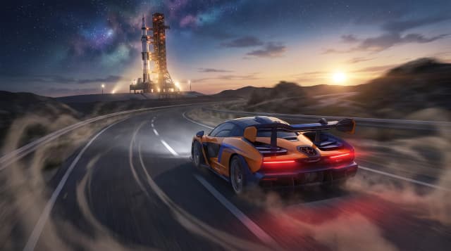 McLaren Senna, едет по дороге, эпичный ракурс, эффект скорости, горящие фары, на фоне космической ракеты, в стиле аниме с реалистичными деталями, шедевр