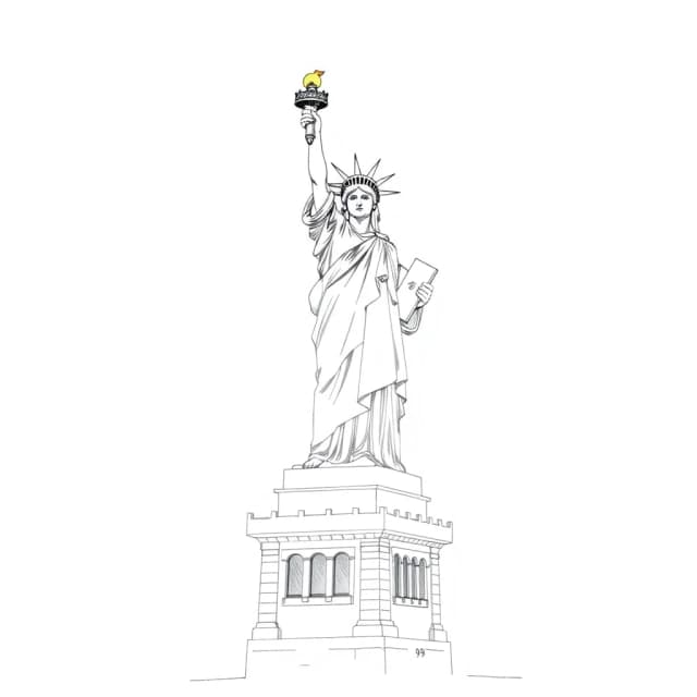 Statue of Liberty in New York: simple pencil sketch, only lines and outlines, white background, like in a children's book, monochrome