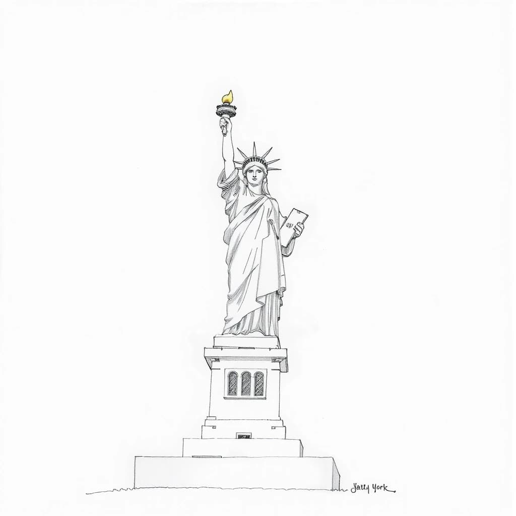 Statue of Liberty in New York: simple pencil sketch, only lines and outlines, white background, like in a children's book, monochrome