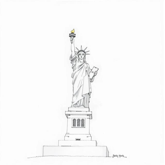 Statue of Liberty in New York: simple pencil sketch, only lines and outlines, white background, like in a children's book, monochrome
