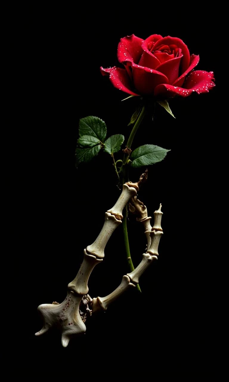 Masterpiece. best quality. Epic. cinematic. Award winning. Ultra detailed. dramatic. attention-grabbing. challenge winning. A skeletal hand delicately holds a single, perfect crimson rose, its petals glistening with dew. The background is a deep, velvety black, with subtle hints of ethereal light catching the bone. This image captures a moment of fragile beauty amidst decay, rendered in a stark, painterly style with strong chiaroscuro to emphasize the contrast between life and death, leaning into surrealism.