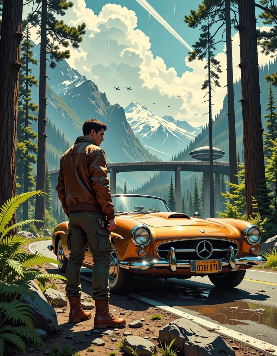 A masterpiece,  in the style of the 1980s, with bold lines, dynamic strokes and rich textures, on background with a touch of nostalgia, perhaps with subtle drawings inspired by cellulose and vintage, worn textures similar to paper, oil painting, A cinematic, hyper-detailed photoreal scene of a lone man standing beside a polished bronze vintage luxury car on a forest road, tall evergreen trees framing a futuristic elevated highway and circular glass-and-metal buildings in the distant mountain valley; stormy dramatic clouds with shafts of light breaking through, several jet aircraft leaving white contrails across the sky, light rain and subtle mist in the air. The man is mid-30s, wearing a worn brown leather flight jacket, olive cargo pants and leather boots, hands relaxed at his sides, calm determined expression, three-quarter full-body view. The car is an Art Deco inspired classic with chrome bumpers and deep reflections, large rugged tires, wet surface catching soft highlights and environment reflections. Composition: low-angle, wide portrait orientation, strong depth with foreground ferns and rocks, midground car and figure, background futuristic structures and mountains. Lighting: volumetric godrays, moody contrast, warm bronze highlights on car, cool desaturated greens and grays in forest and sky, cinematic color grading. Texture: ultra-realistic skin, fabric, metal, glass, wet pavement. Render in ultra-high resolution, photoreal, shallow-to-moderate depth of field, crisp detail, subtle film grain, atmospheric perspective.