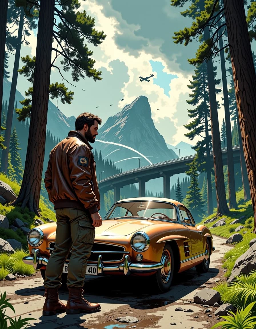A masterpiece,  in the style of the 1980s, with bold lines, dynamic strokes and rich textures, on background with a touch of nostalgia, perhaps with subtle drawings inspired by cellulose and vintage, worn textures similar to paper, oil painting, A cinematic, hyper-detailed photoreal scene of a lone man standing beside a polished bronze vintage luxury car on a forest road, tall evergreen trees framing a futuristic elevated highway and circular glass-and-metal buildings in the distant mountain valley; stormy dramatic clouds with shafts of light breaking through, several jet aircraft leaving white contrails across the sky, light rain and subtle mist in the air. The man is mid-30s, wearing a worn brown leather flight jacket, olive cargo pants and leather boots, hands relaxed at his sides, calm determined expression, three-quarter full-body view. The car is an Art Deco inspired classic with chrome bumpers and deep reflections, large rugged tires, wet surface catching soft highlights and environment reflections. Composition: low-angle, wide portrait orientation, strong depth with foreground ferns and rocks, midground car and figure, background futuristic structures and mountains. Lighting: volumetric godrays, moody contrast, warm bronze highlights on car, cool desaturated greens and grays in forest and sky, cinematic color grading. Texture: ultra-realistic skin, fabric, metal, glass, wet pavement. Render in ultra-high resolution, photoreal, shallow-to-moderate depth of field, crisp detail, subtle film grain, atmospheric perspective.