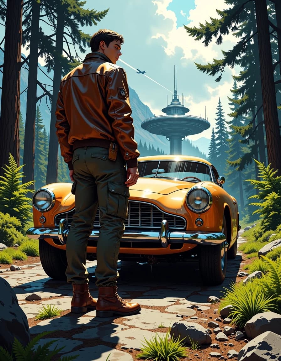 A masterpiece,  in the style of the 1980s, with bold lines, dynamic strokes and rich textures, on background with a touch of nostalgia, perhaps with subtle drawings inspired by cellulose and vintage, worn textures similar to paper, oil painting, A cinematic, hyper-detailed photoreal scene of a lone man standing beside a polished bronze vintage luxury car on a forest road, tall evergreen trees framing a futuristic elevated highway and circular glass-and-metal buildings in the distant mountain valley; stormy dramatic clouds with shafts of light breaking through, several jet aircraft leaving white contrails across the sky, light rain and subtle mist in the air. The man is mid-30s, wearing a worn brown leather flight jacket, olive cargo pants and leather boots, hands relaxed at his sides, calm determined expression, three-quarter full-body view. The car is an Art Deco inspired classic with chrome bumpers and deep reflections, large rugged tires, wet surface catching soft highlights and environment reflections. Composition: low-angle, wide portrait orientation, strong depth with foreground ferns and rocks, midground car and figure, background futuristic structures and mountains. Lighting: volumetric godrays, moody contrast, warm bronze highlights on car, cool desaturated greens and grays in forest and sky, cinematic color grading. Texture: ultra-realistic skin, fabric, metal, glass, wet pavement. Render in ultra-high resolution, photoreal, shallow-to-moderate depth of field, crisp detail, subtle film grain, atmospheric perspective.