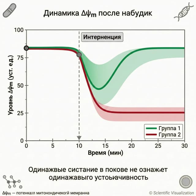 Визуал к посту - простой график:
по горизонтали — время;
по вертикали — условный уровень Δψm;
две линии с одинаковой исходной точкой;
после нагрузки зеленая линия быстро восстанавливается;
красная остается сниженной;
момент воздействия обозначен вертикальной линией.
Подпись на изображении:
Одинаковое состояние в покое не означает одинаковую устойчивость
