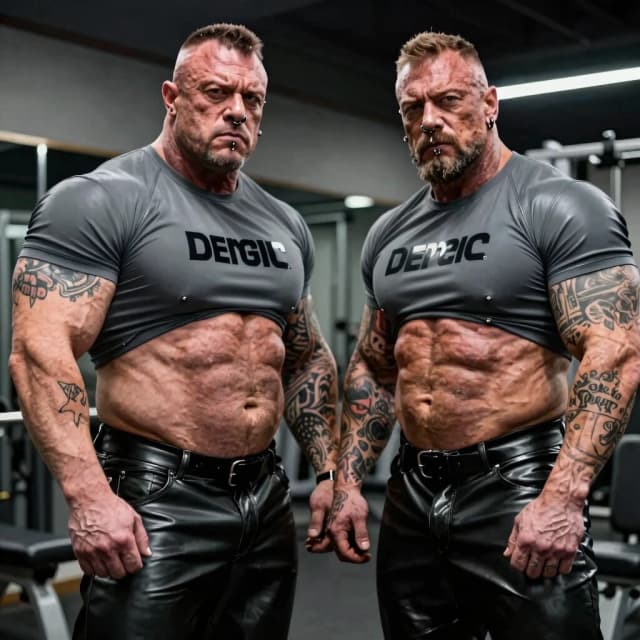 FRANK AND ADAM ARE BODYBUILDERS. Rough skin, hypertrophied muscles, biceps and tendons. The skin is covered in tattoos, they have piercings in their noses and ears, and they’re wearing leather pants and branded gray rubber T‑shirts. They have a serious look in the big house. AND THEY HAVE SHARPLY GAINED 40 KG, A BULGING BIG PIECE OF STOMACH APPEARED, AND THEIR SIDES HAVE GROWN FAT.