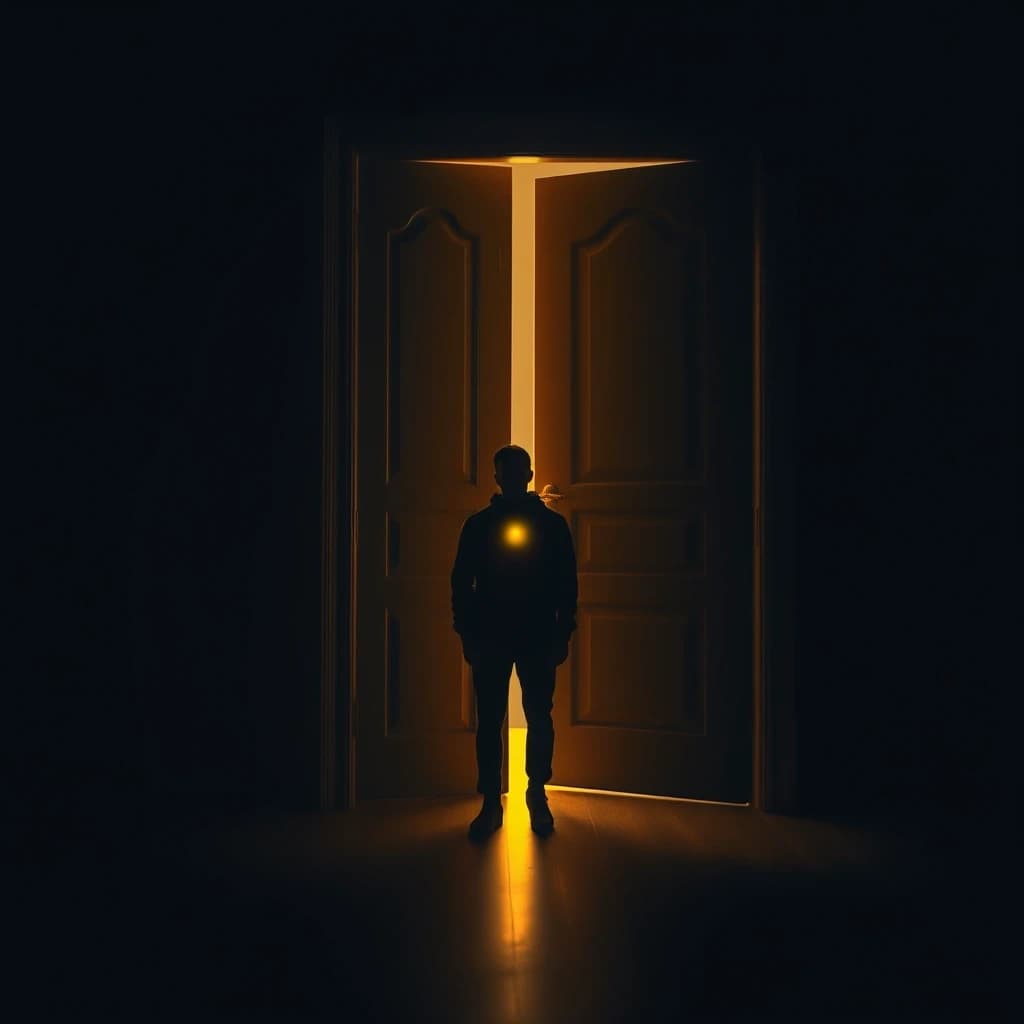 A lone figure stands in a dark empty room, facing a heavy wooden door. The door is slightly open, and warm golden light spills through the crack. The figure's chest glows faintly with the same warm light. The figure is not moving toward the door — standing still, looking at the light. Dark room, deep shadows, warm golden light, cold blue shadows. Photorealistic, cinematic lighting, emotional, symbolic. Vertical composition. Mood: realization, quiet revelation.