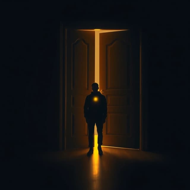 A lone figure stands in a dark empty room, facing a heavy wooden door. The door is slightly open, and warm golden light spills through the crack. The figure's chest glows faintly with the same warm light. The figure is not moving toward the door — standing still, looking at the light. Dark room, deep shadows, warm golden light, cold blue shadows. Photorealistic, cinematic lighting, emotional, symbolic. Vertical composition. Mood: realization, quiet revelation.