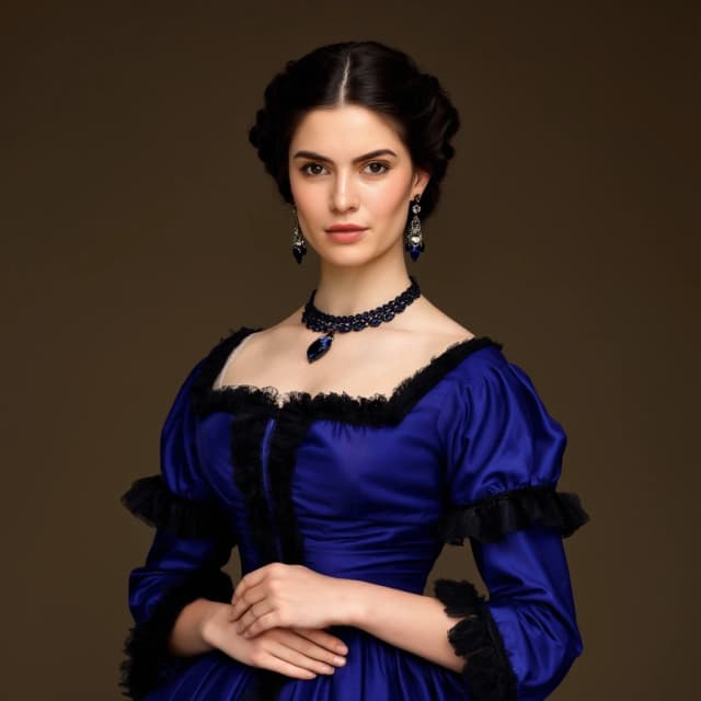 A beautiful woman in a blue-violet dress with black trim, in the fashion of 1861, with augite jewelry. She is positioned some distance from the camera, not looking at it. The background is clear, without blur. Style: fashion shoot